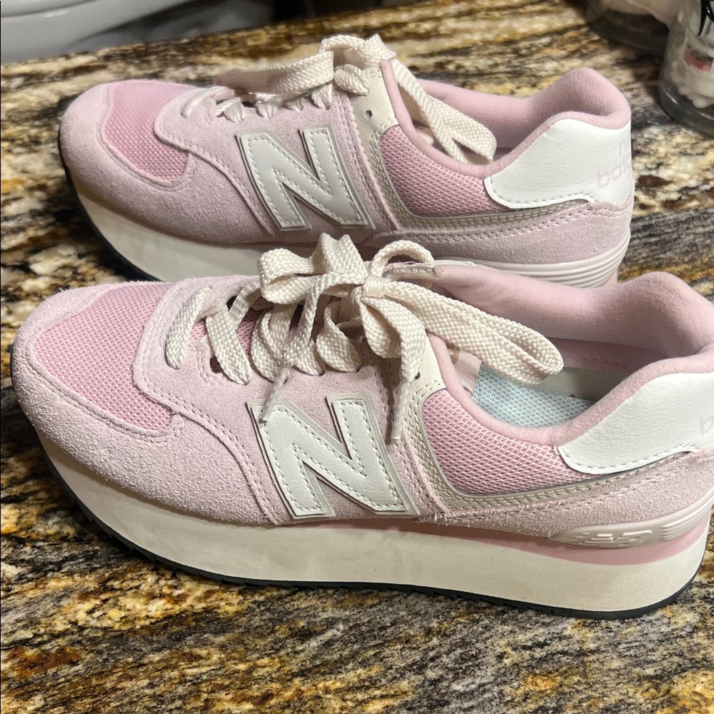 New Balance Women's Light Pink and White Platform Sneakers
